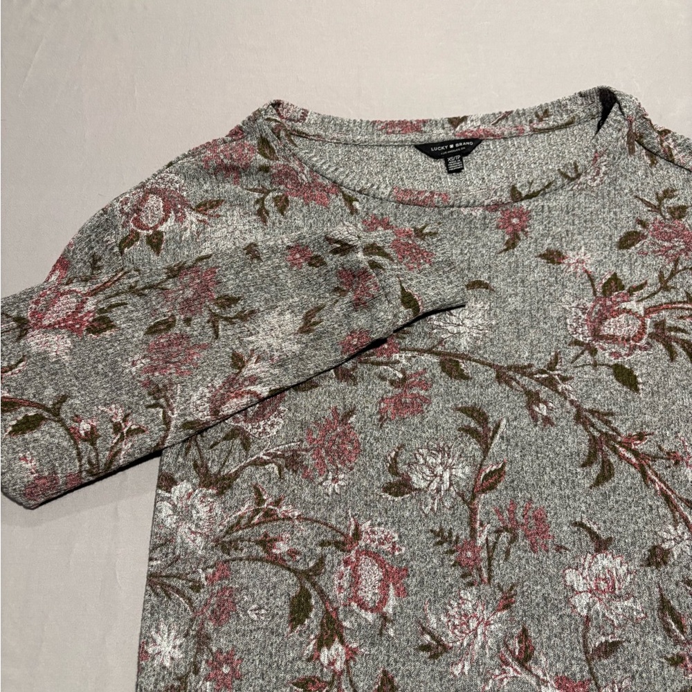 Lucky Brand Floral Thermal Top Womens XS Grey Pink Waffle Knit Long Sleeve Shirt